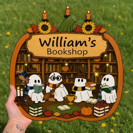 Personalized Halloween Haunted Bookshop Wooden Door Sign