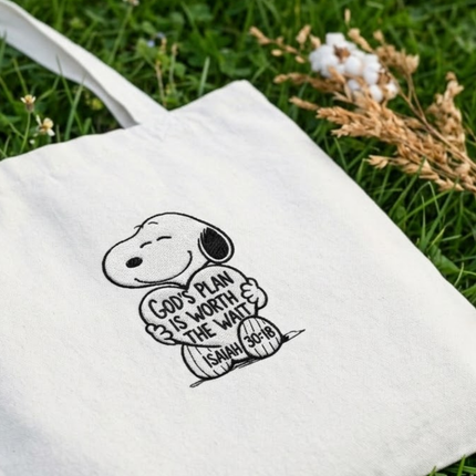 God's Plan Is Worth The Wait Embroidered Tote Bag