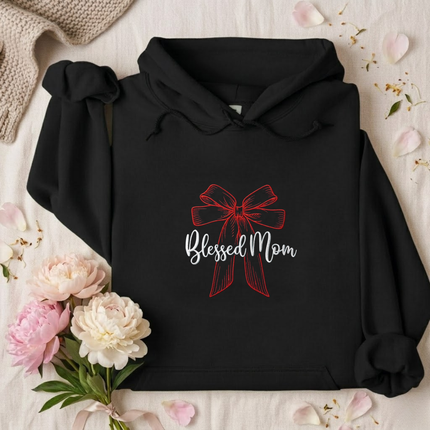 Blessed Mom Red Bow Embroidered Hoodie