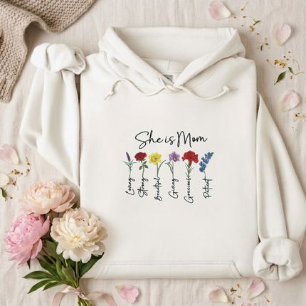 She is Mom Floral Virtues Embroidered Hoodie