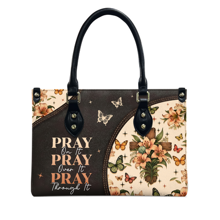 Elegant Pray On It Floral Cross Christian Leather Handbag