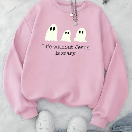 Life Without Jesus Is Scary Halloween Sweatshirt, Christian Pumpkin Ghost Pullove