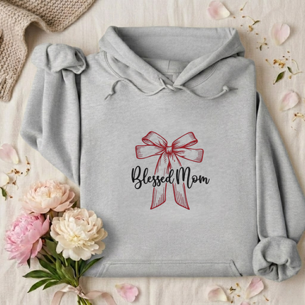 Blessed Mom Red Bow Embroidered Hoodie