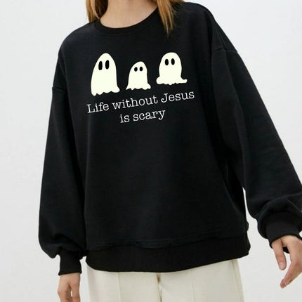 Life Without Jesus Is Scary Halloween Sweatshirt, Christian Pumpkin Ghost Pullove