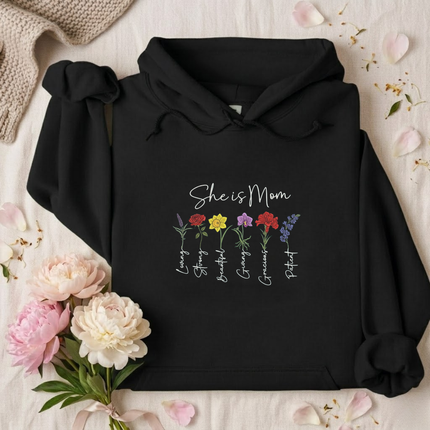She is Mom Floral Virtues Embroidered Hoodie