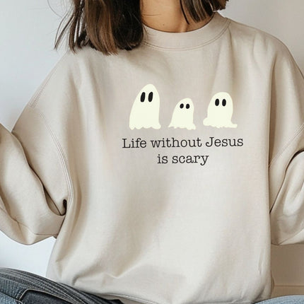 Life Without Jesus Is Scary Halloween Sweatshirt, Christian Pumpkin Ghost Pullove