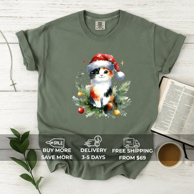 Comfort Colors Cute Calico Cat in Santa Hat T-Shirt