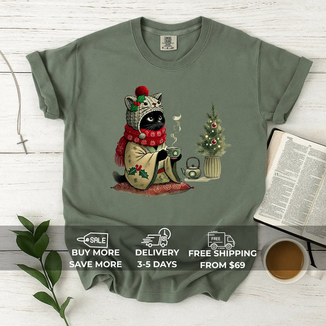 Comfort Colors Cozy Cat With Tea T-Shirt