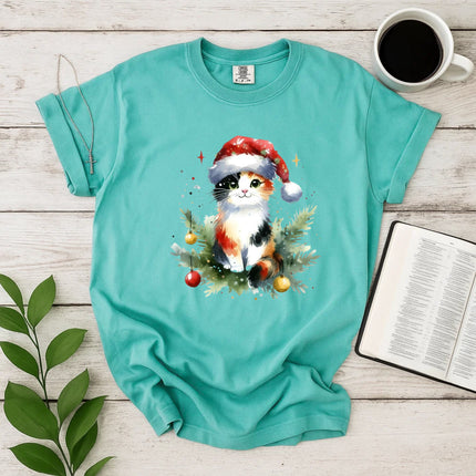 Comfort Colors Cute Calico Cat in Santa Hat T-Shirt