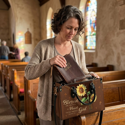 Blessed Are The Pure Matthew 5:8 Christian Sunflower Leather Handbag