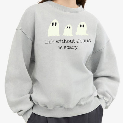 Life Without Jesus Is Scary Halloween Sweatshirt, Christian Pumpkin Ghost Pullove