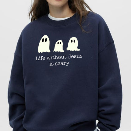 Life Without Jesus Is Scary Halloween Sweatshirt, Christian Pumpkin Ghost Pullove