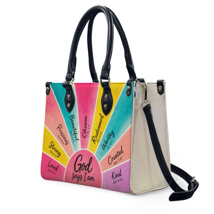 God Says I Am Bible Verse Leather Handbag