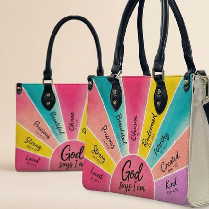 God Says I Am Bible Verse Leather Handbag