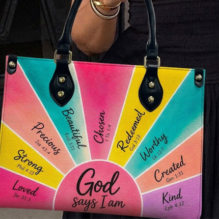 God Says I Am Bible Verse Leather Handbag