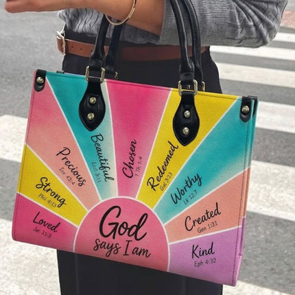 God Says I Am Bible Verse Leather Handbag