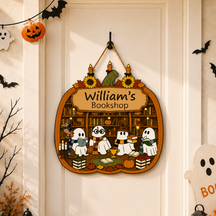 Personalized Halloween Haunted Bookshop Wooden Door Sign