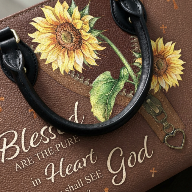 Blessed Are The Pure Matthew 5:8 Christian Sunflower Leather Handbag