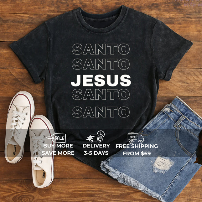 Vintage Mineral Wash Tee SANTO JESUS Stacked Design