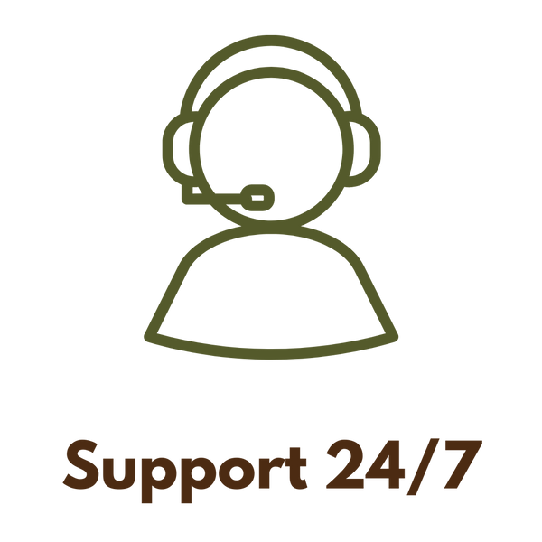 Icon of a person wearing a headset with 'Support 24/7' text below on a white background