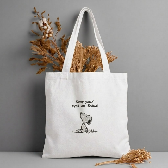 Keep Your Eyes On Jesus Embroidered Tote Bag