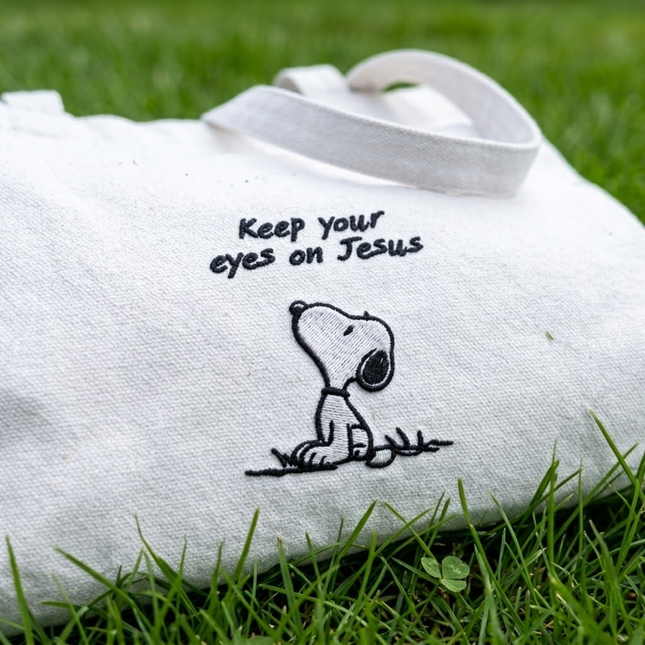 Keep Your Eyes On Jesus Embroidered Tote Bag