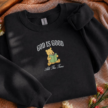 God Is Good All The Time Winnie the Pooh Embroidered Sweatshirt