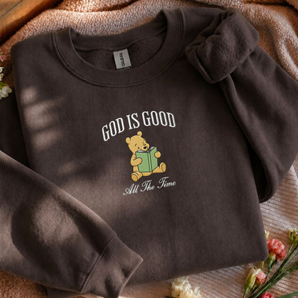 God Is Good All The Time Winnie the Pooh Embroidered Sweatshirt
