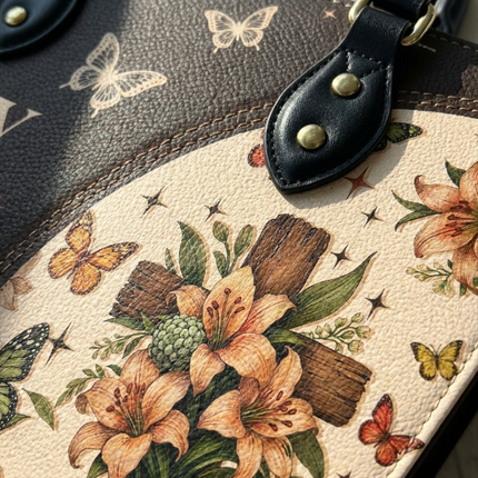 Elegant Pray On It Floral Cross Christian Leather Handbag