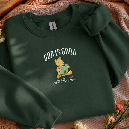 God Is Good All The Time Winnie the Pooh Embroidered Sweatshirt