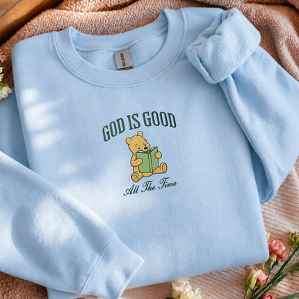 God Is Good All The Time Winnie the Pooh Embroidered Sweatshirt