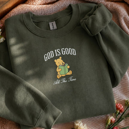 God Is Good All The Time Winnie the Pooh Embroidered Sweatshirt