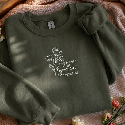 Grow In Grace 2 Peter 3:18 Floral Embroidered Sweatshirt