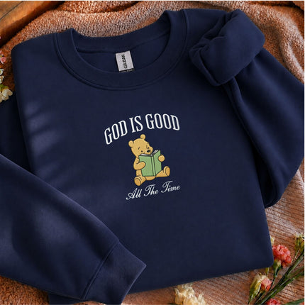 God Is Good All The Time Winnie the Pooh Embroidered Sweatshirt