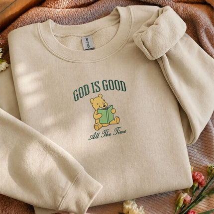 God Is Good All The Time Winnie the Pooh Embroidered Sweatshirt