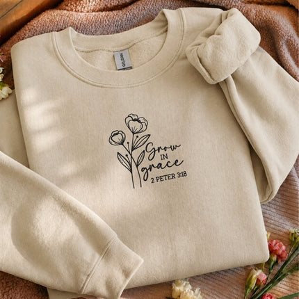 Grow In Grace 2 Peter 3:18 Floral Embroidered Sweatshirt